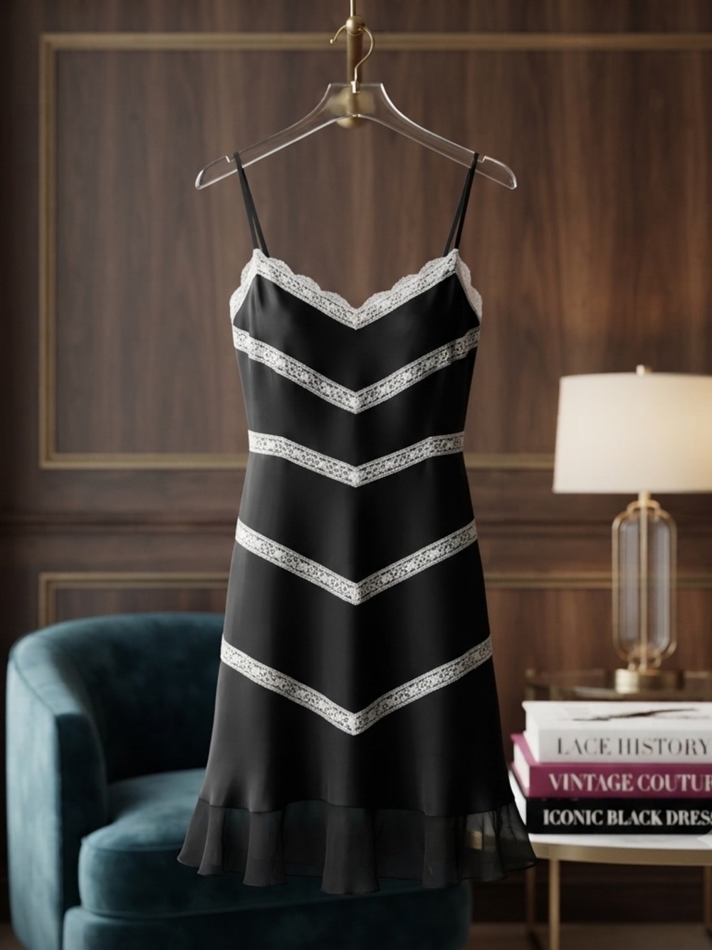 Vintage BCBGMaxAzria Black Slip Dress with White Lace Chevron Trim